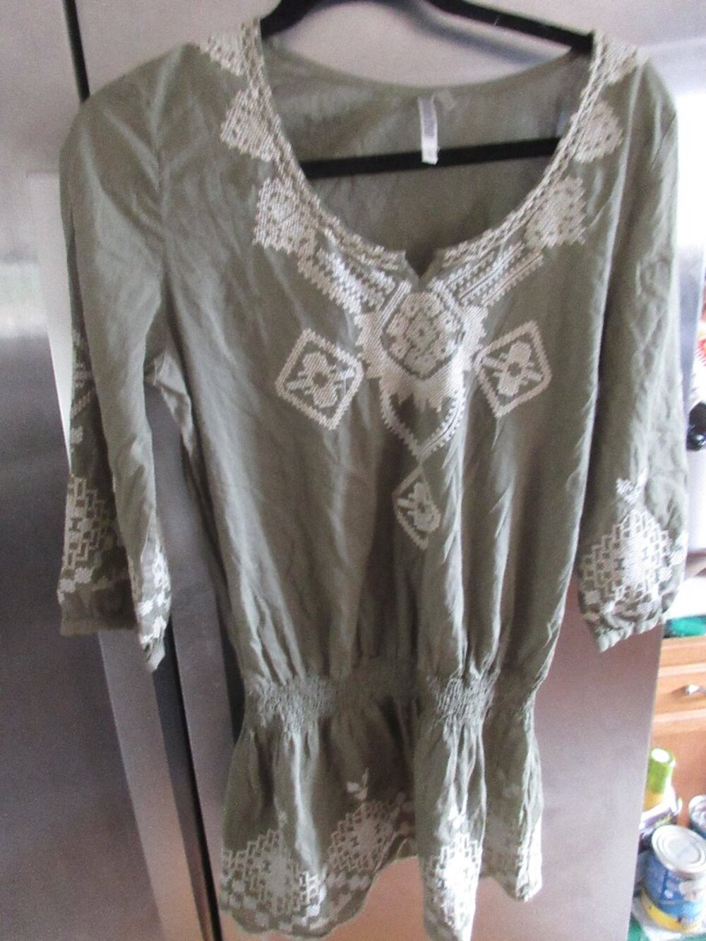 monoreno modern olive embroidered cotton tunic top S boho